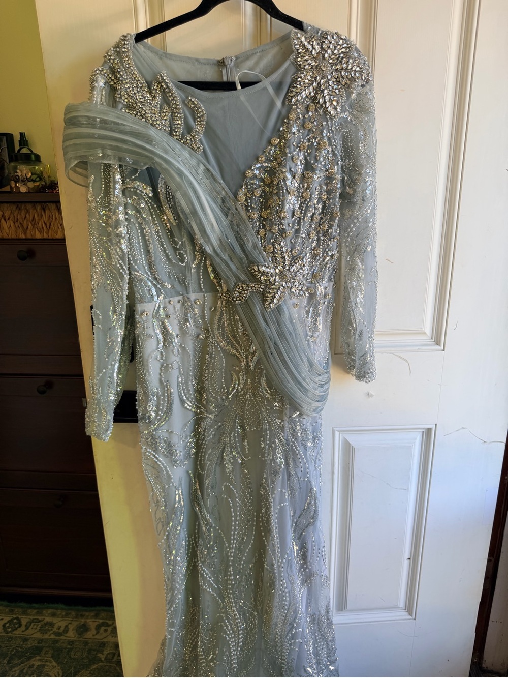 Embellished Light Blue Evening Gown with Draped Tulle Sash